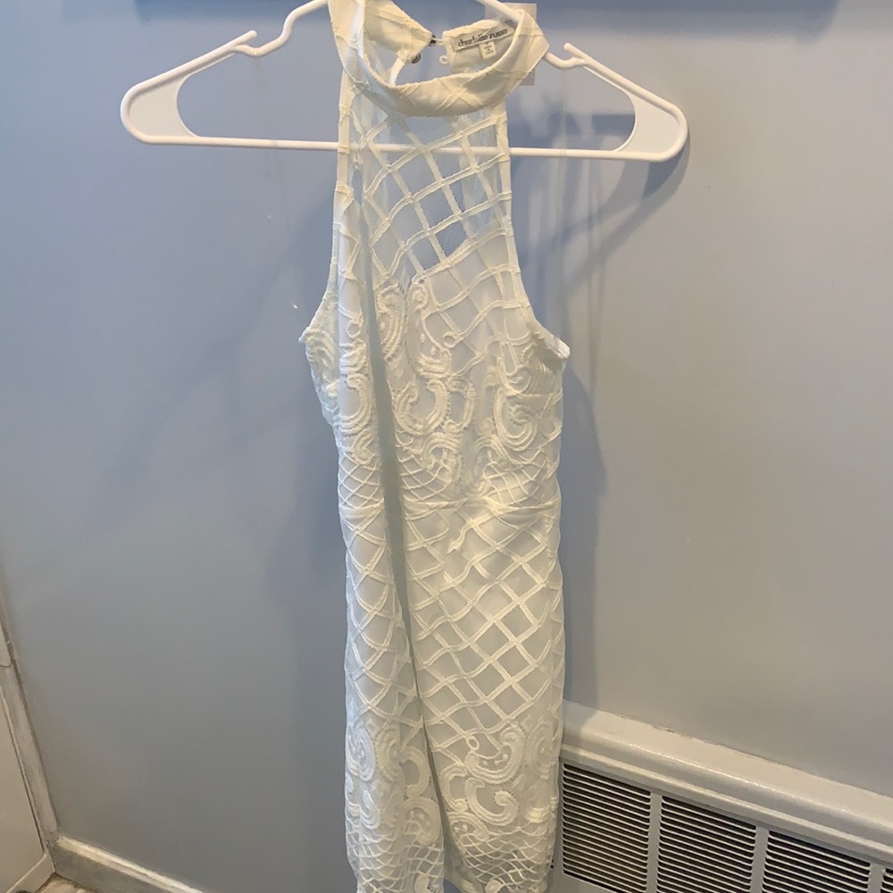 White lace halter open back dress